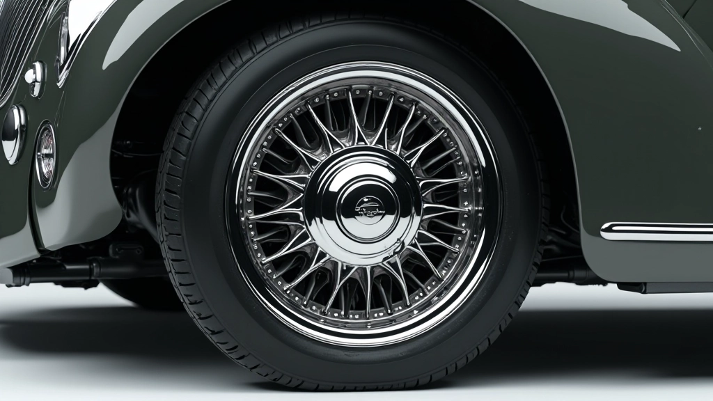 Automobilio ratai ir ratų lankai iš septinto dešimtmečio, chrominės detalės, šviesa atspindi