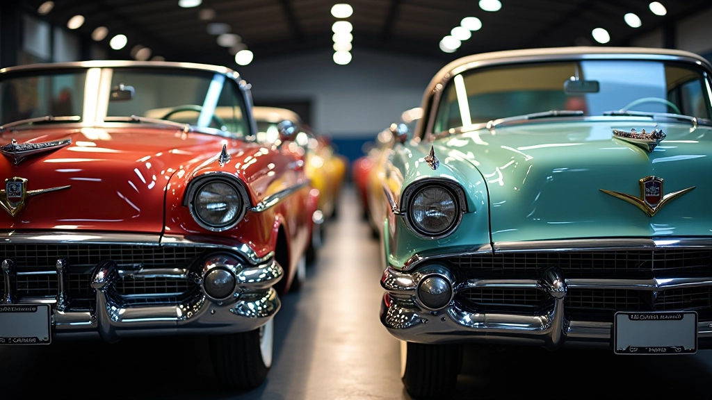 Vienas šalia kito 1950-ųjų ir 1960-ųjų automobilių modeliai, aiškiai rodomos dizaino skirtumai, stovis automobilių šou, natūralus apšvietimas