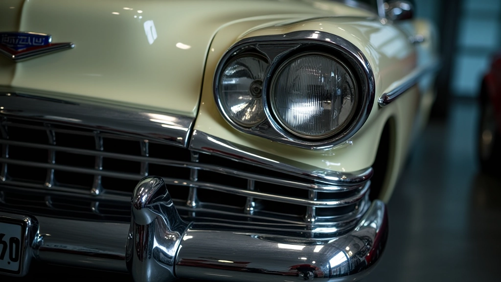 Vintage automobilių detalės: chromuoti bumperiai, apvalūs žibintai, tipiški 1950-ųjų ir 1960-ųjų metų ornamentai, detali fotografija