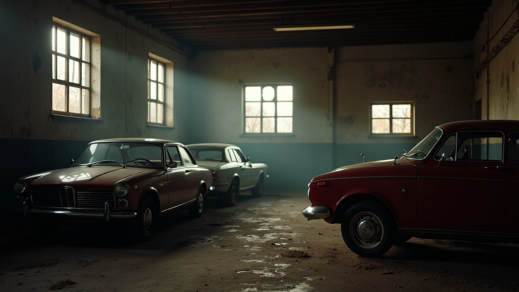 Senas garažas su išretintais retais automobiliais, šešėliais ir šviesa per langus, nostalgiškas nuotrauka
