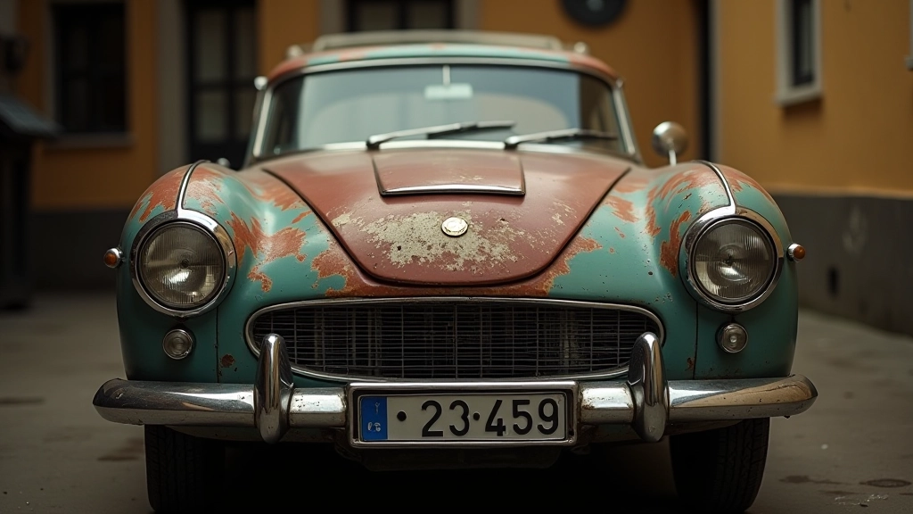 Senas automobilis su nuodėvėjusia nuolaužu, chromu, ir patina, artimas kadras, autentiškas patinai
