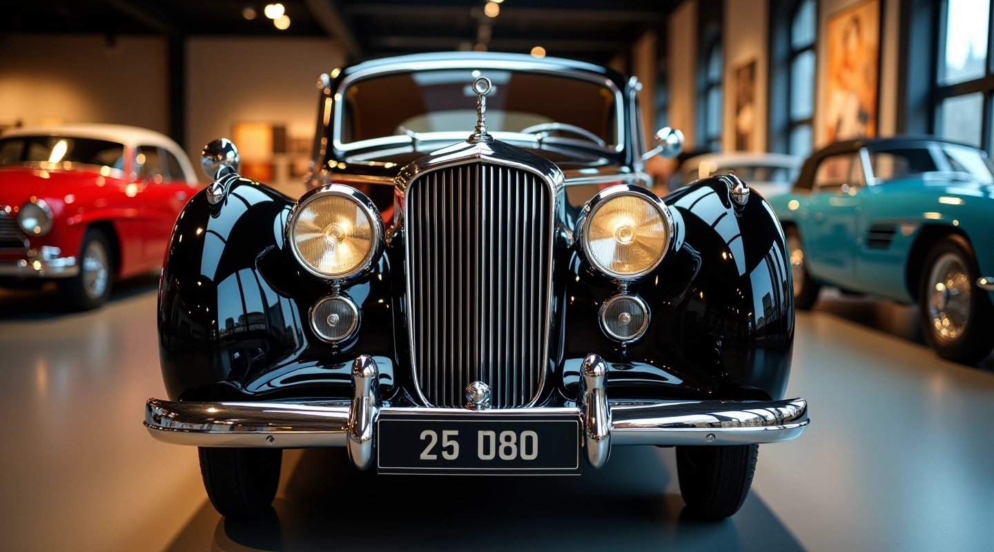 Nuostabus klasikinis automobilis, išstatytas parodoje, šiltas apšvietimas, detalinis vaizdas iš šono, metalinis blizgis