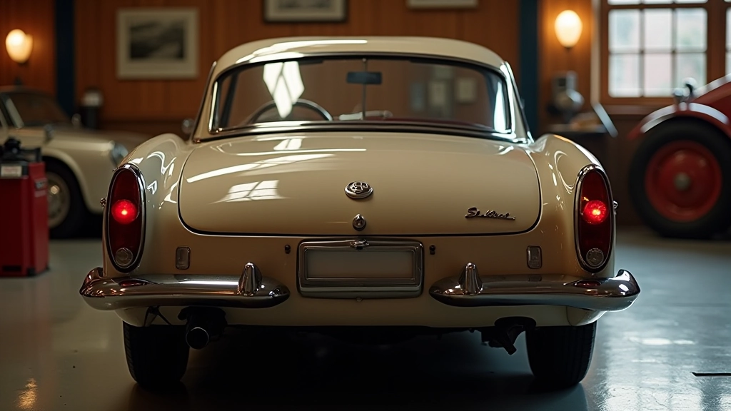 Vintage sportinis automobilis su chrominėmis detalėmis, galinė dalis, garaže su šiltu apšvietimu